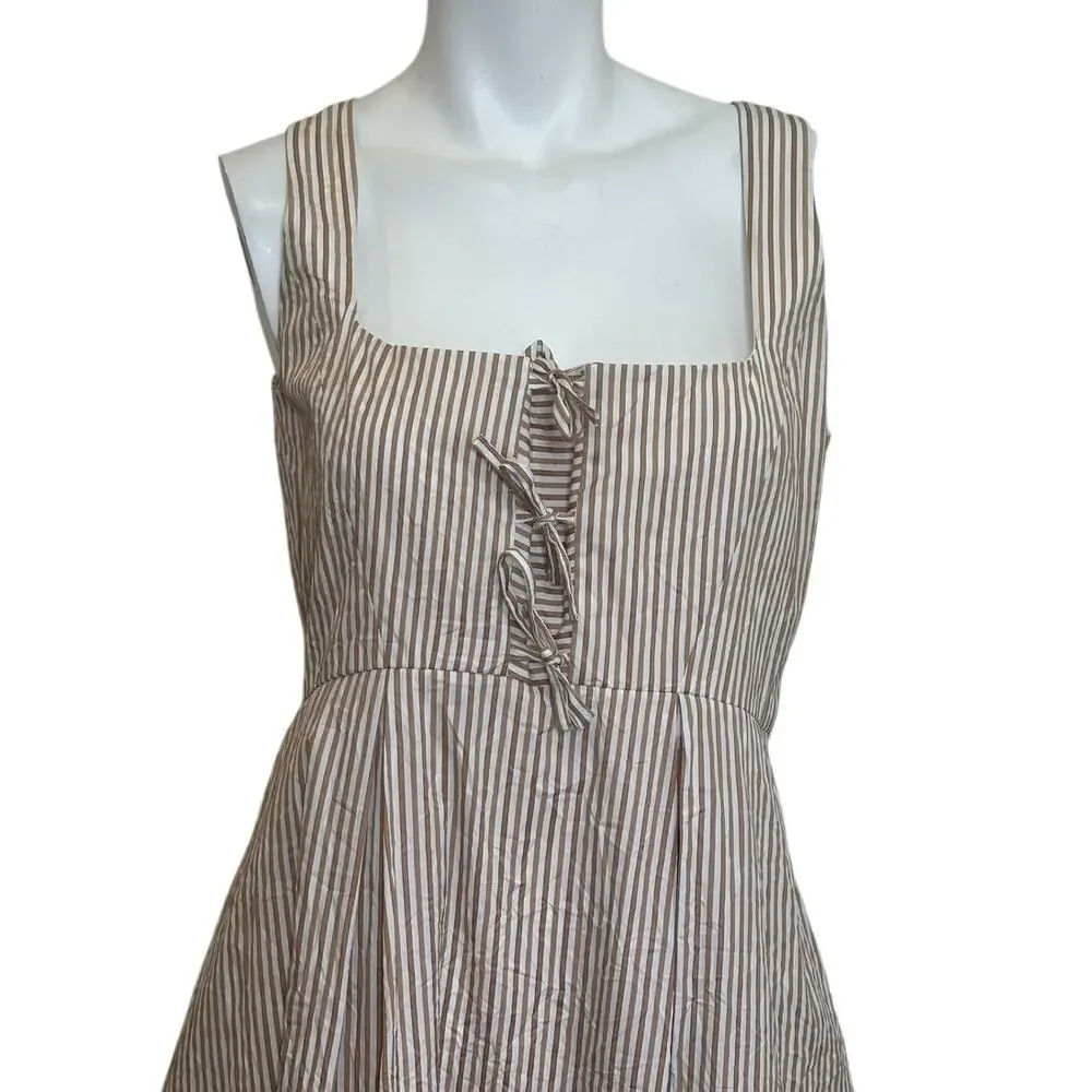 Thierry Colson Winifred Tie Front Midi Dress Cream & Tan Striped Cotton sz M - Picture 7 of 14